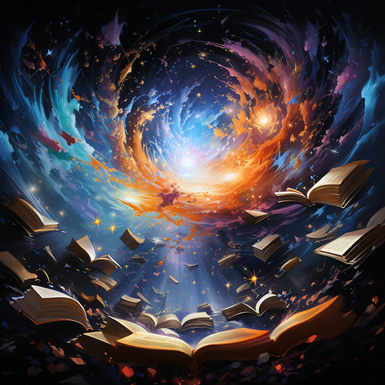 Image of books flying into the next galaxy which represents a new book platform